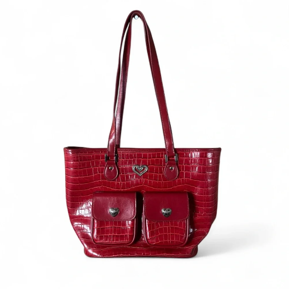 Vintage Brighton Red Croc Leather Tote Bag + Black Kiss Lock Coin Purse Set - Picture 2 of 13